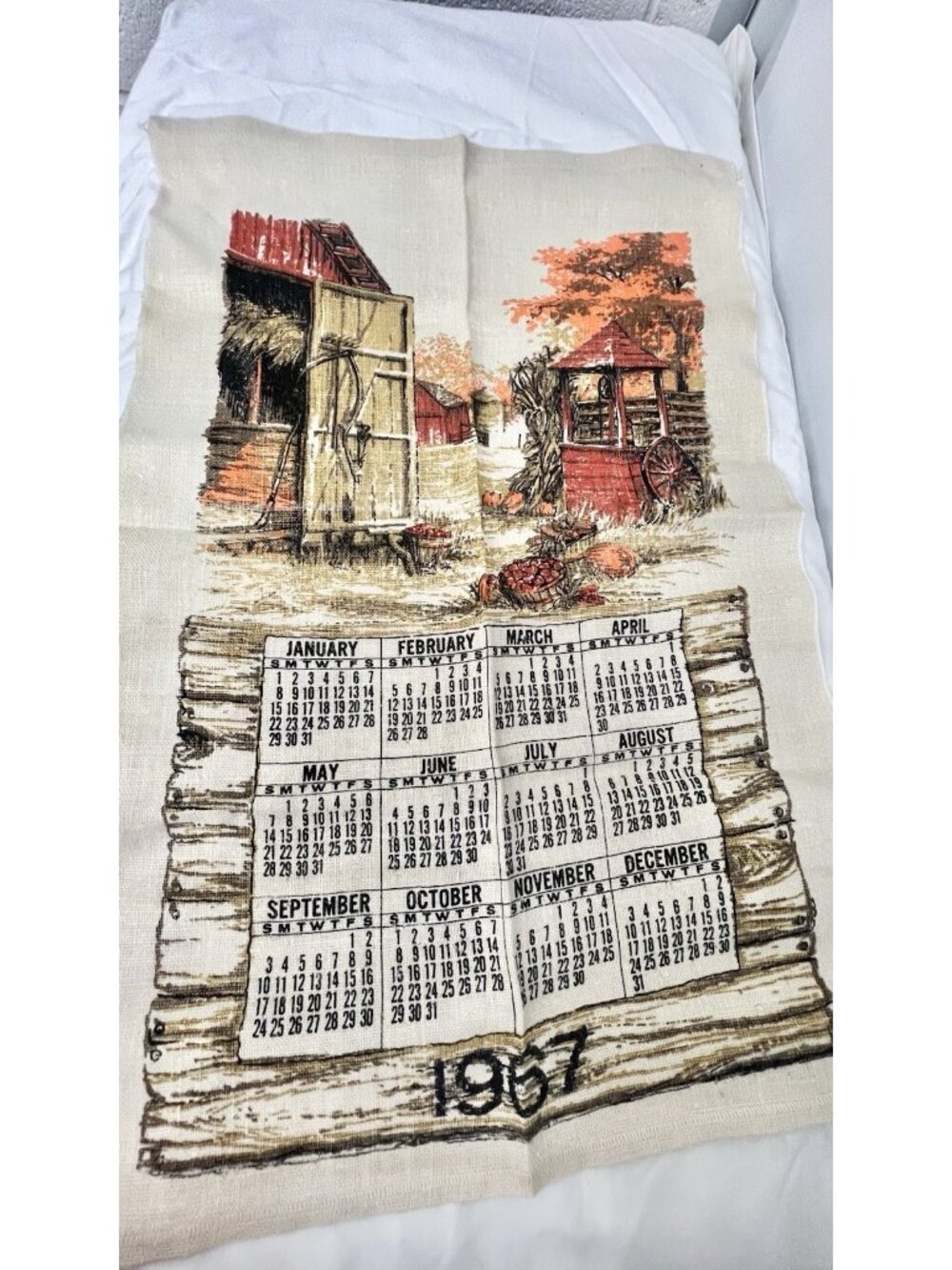 1967 Vintage Linen Calendar Dish Towel Farm Barn